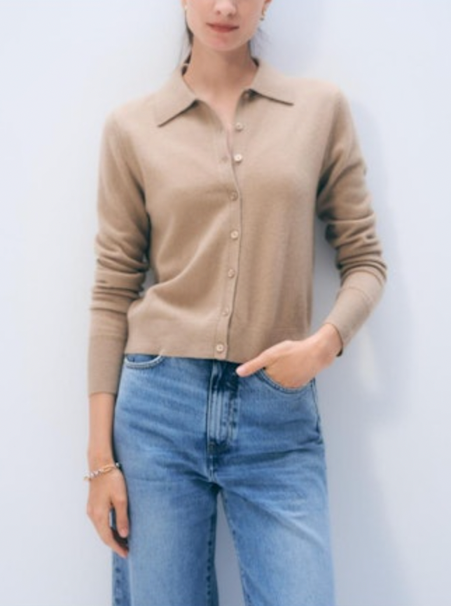 Cashmere collared cardigan in tan, button-front long sleeves