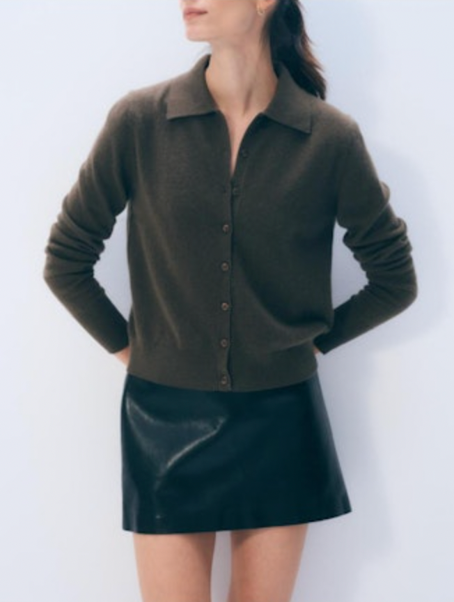 Olive cashmere collared cardigan with long sleeves and button-front