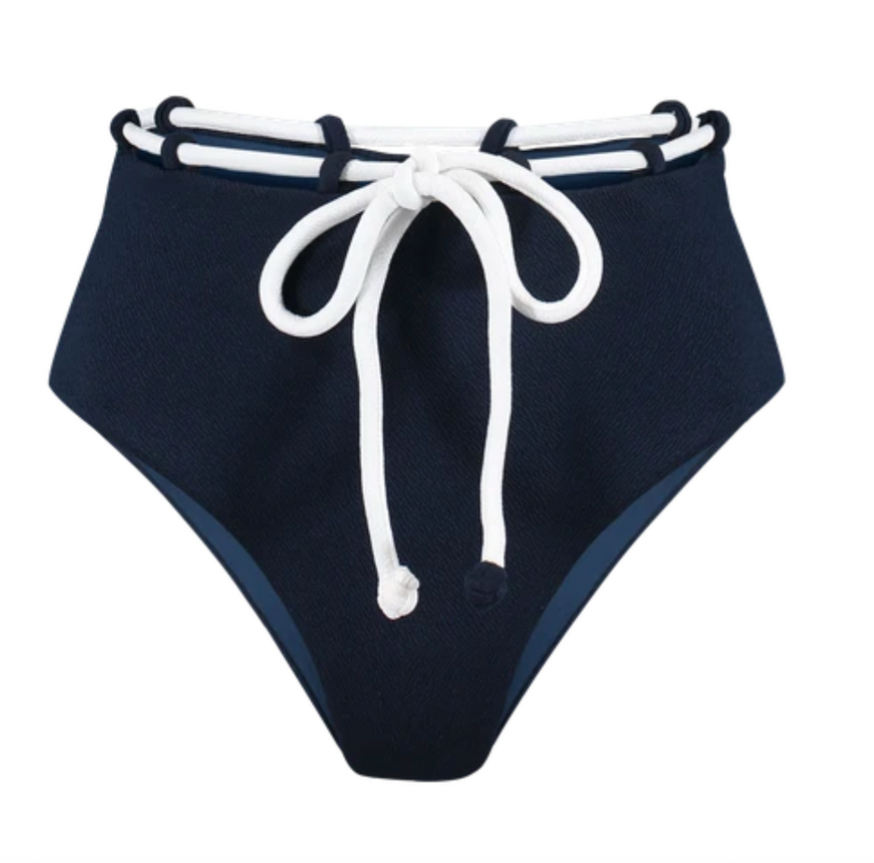 Corda bikini bottom, navy swim briefs with wide white tie at waist