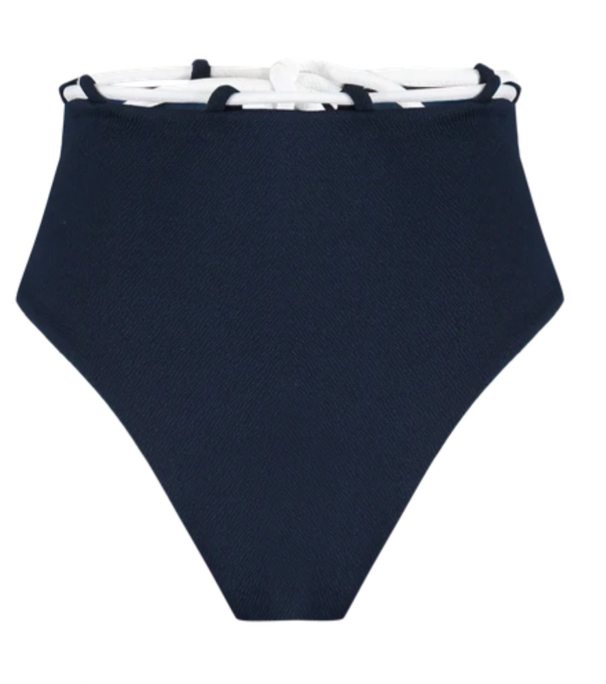 Rope link bikini top cup with dark navy fabric and white rope-tie trim