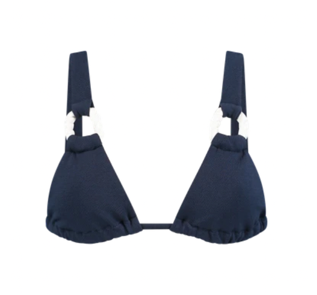 Rope link bikini top with dark navy triangle cups and white rope-tie straps