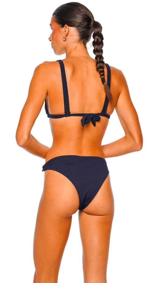 Back view of rope link bikini top in dark navy with adjustable strap ties