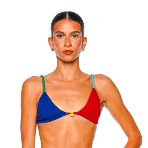 Colorblock link-strap bikini top with blue and red triangle cups, teal-green straps