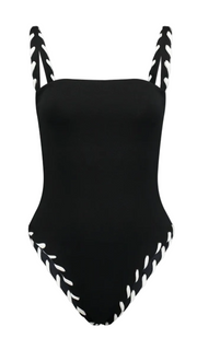 Corda one-piece swimsuit, black with white leaf-print side ties