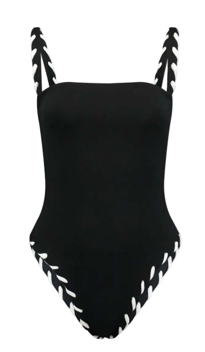 Corda one-piece swimsuit, black with white leaf-print side ties