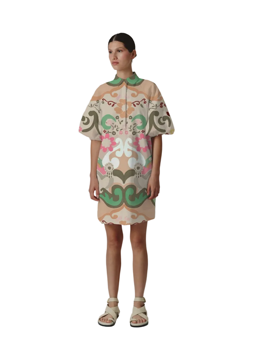 Printed shirt dress with green collar, short puff sleeves, button front, colorful florals