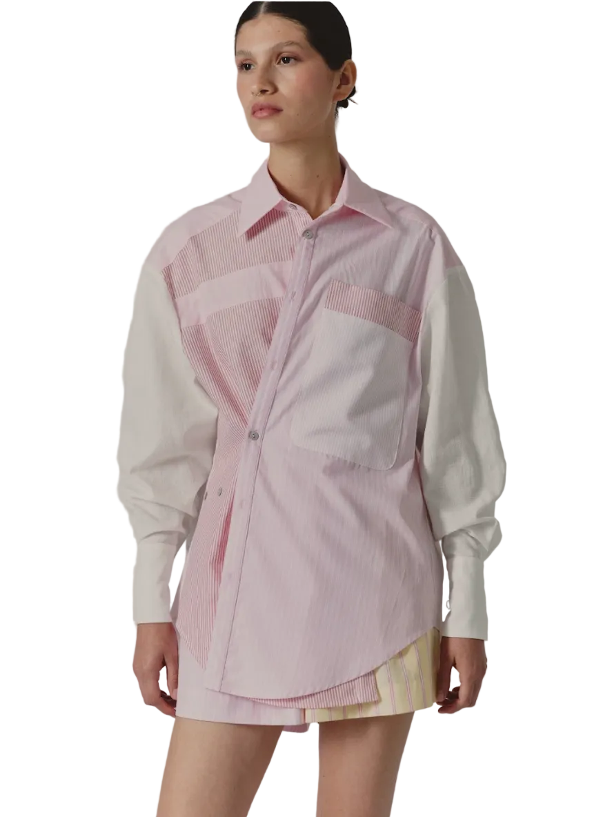 Pink striped button-up blouse with spread collar, long sleeves, and chest pockets