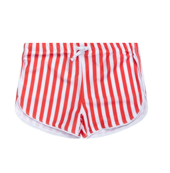 Red and white striped short shorts with white drawstring waist
