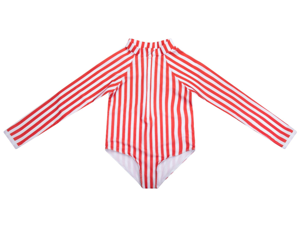 Girls' red-and-white striped rash guard with long sleeves and high neck, front view