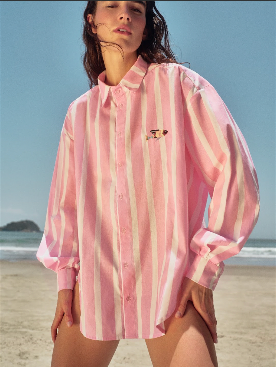 Pink striped oxford cover-up worn, button-front, puff sleeves, pointed collar
