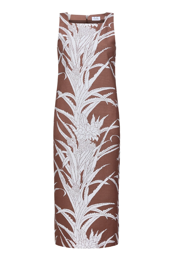 Brown sleeveless shift dress with white leaf and flower print, straight hem