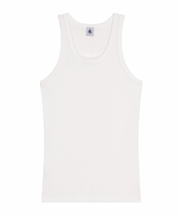 White tank top with scoop neckline and wide shoulder straps