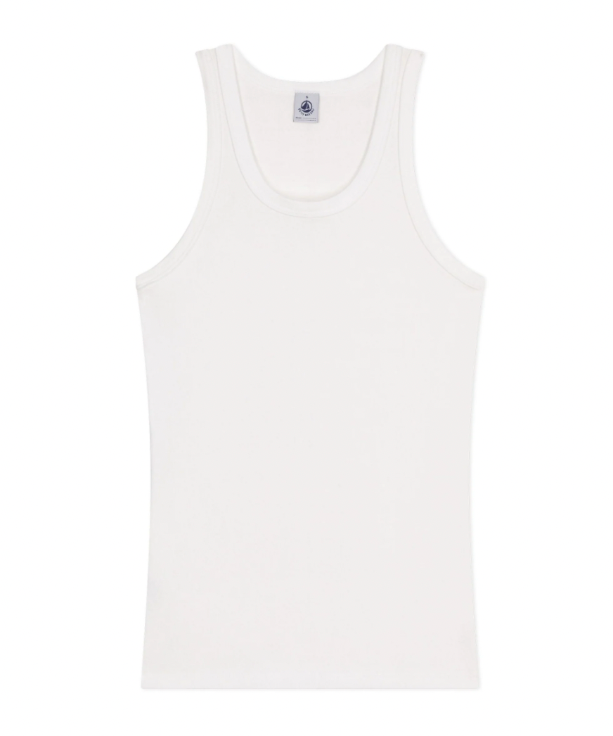White tank top with scoop neckline and wide shoulder straps