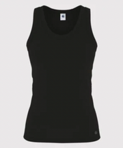 Black tank top with scoop neckline, sleeveless straight hem