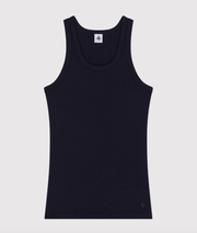 Navy tank top with wide scoop neck and sleeveless design