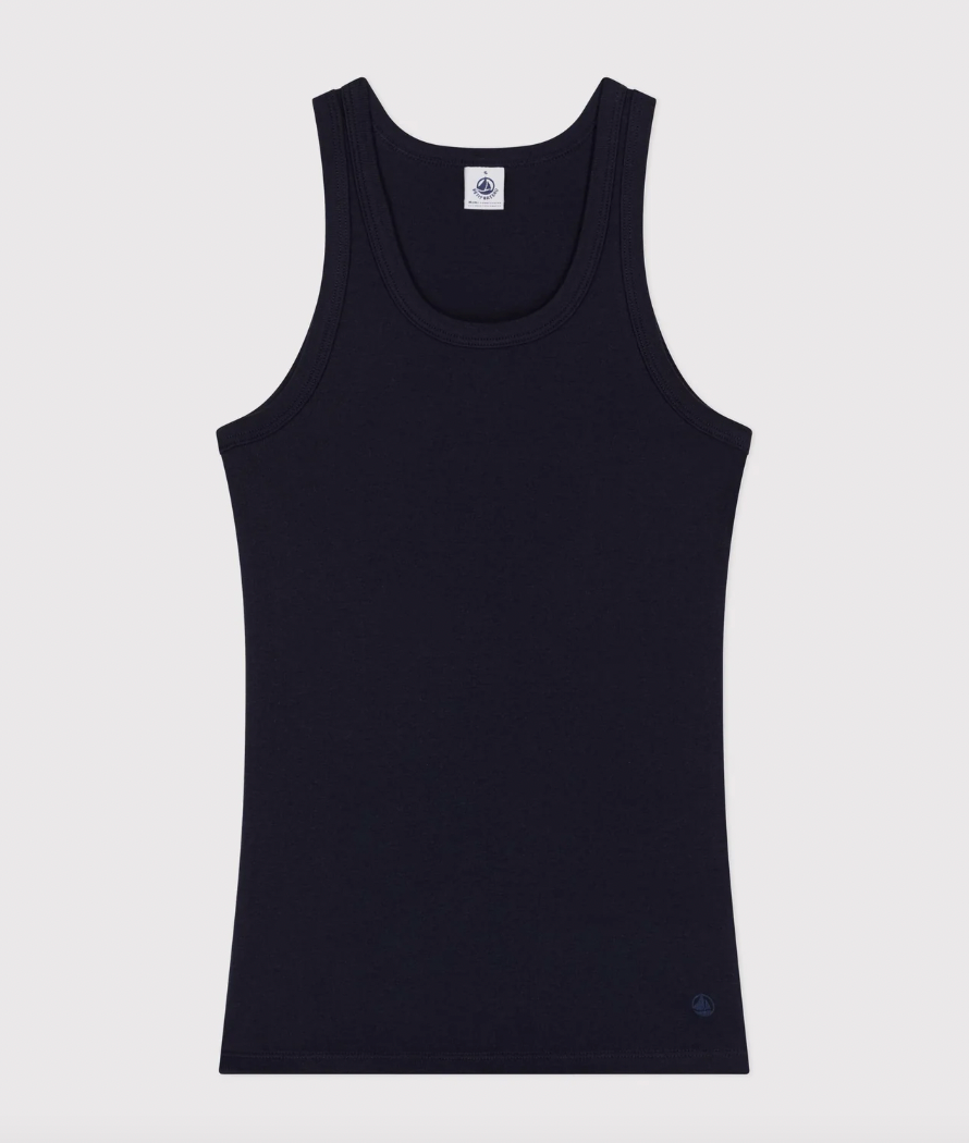 Navy tank top with wide scoop neck and sleeveless design