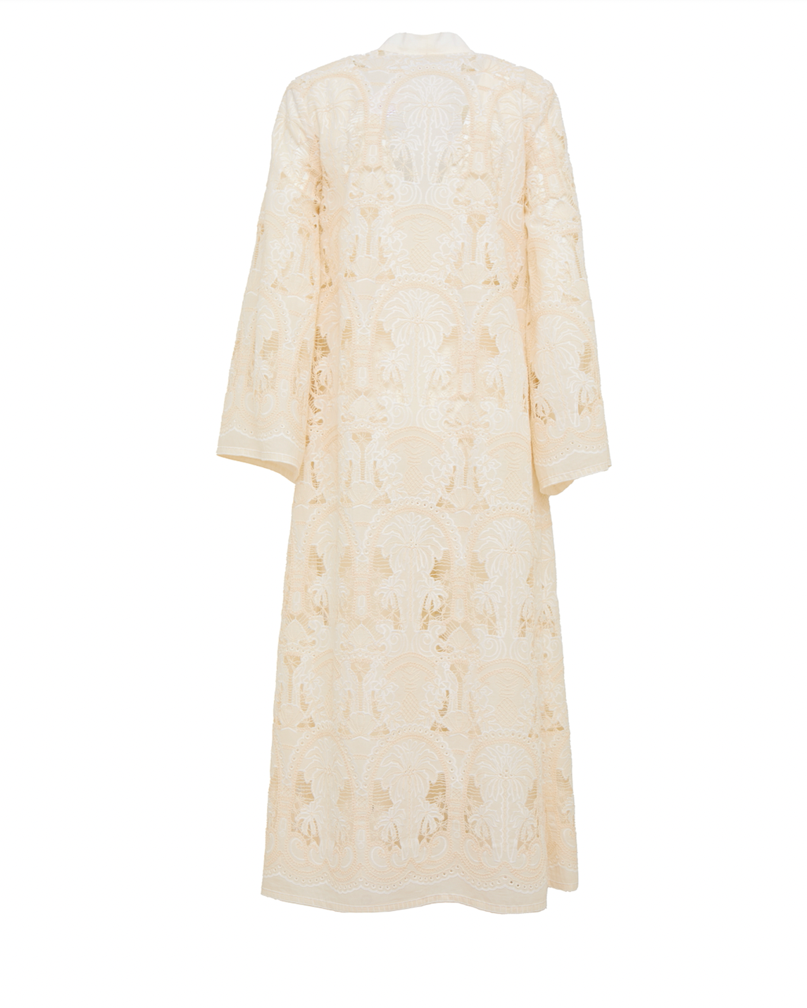 Cream embroidered long duster coat with open front and lace-like back