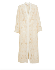 Long embroidered duster coat in cream with open front and three-quarter sleeves