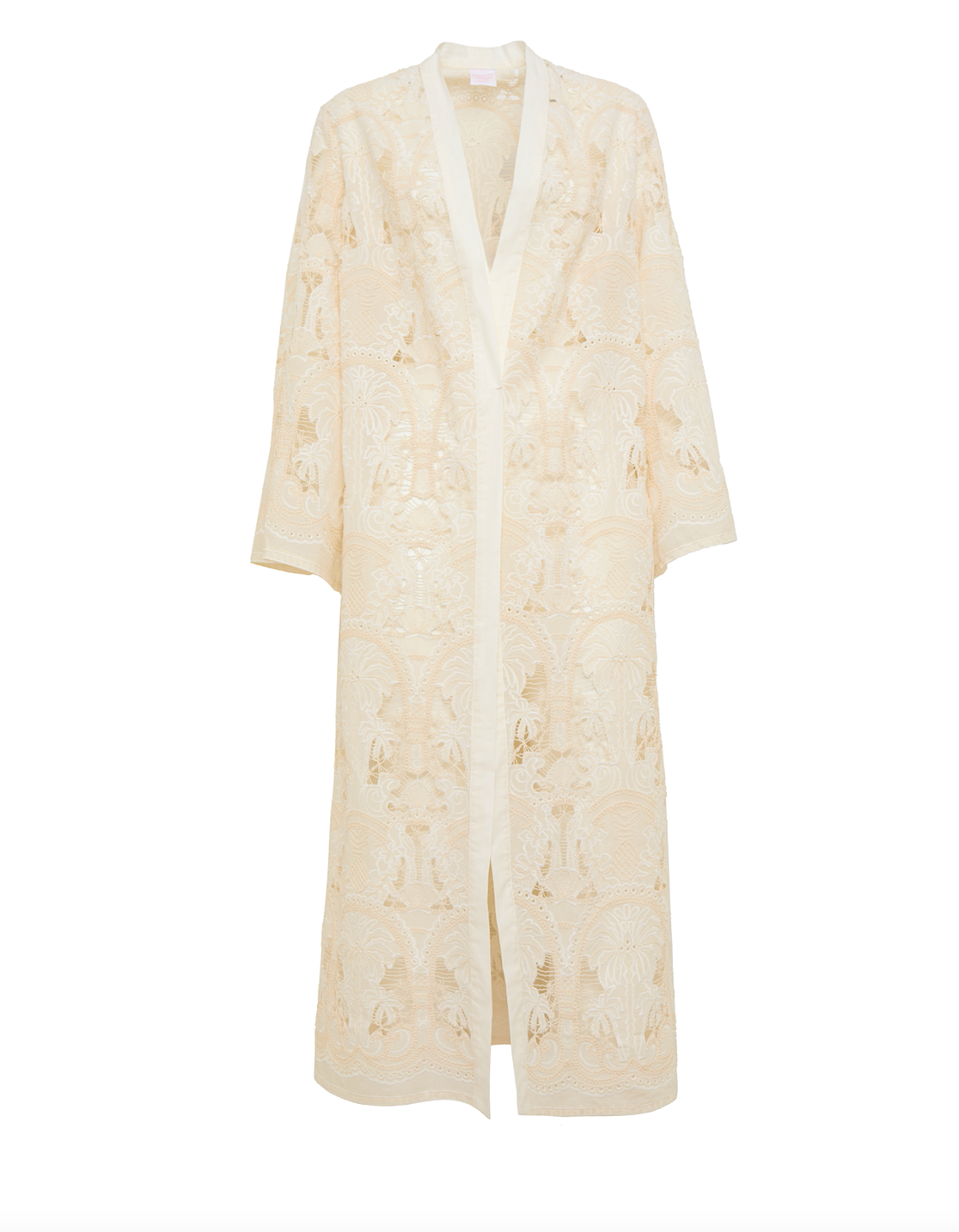 Long embroidered duster coat in cream with open front and three-quarter sleeves