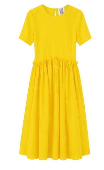 Rosie Assoulin yellow short-sleeve dress with gathered waist and flared skirt