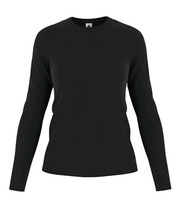 Women’s long-sleeve crew neck tee in black, fitted silhouette
