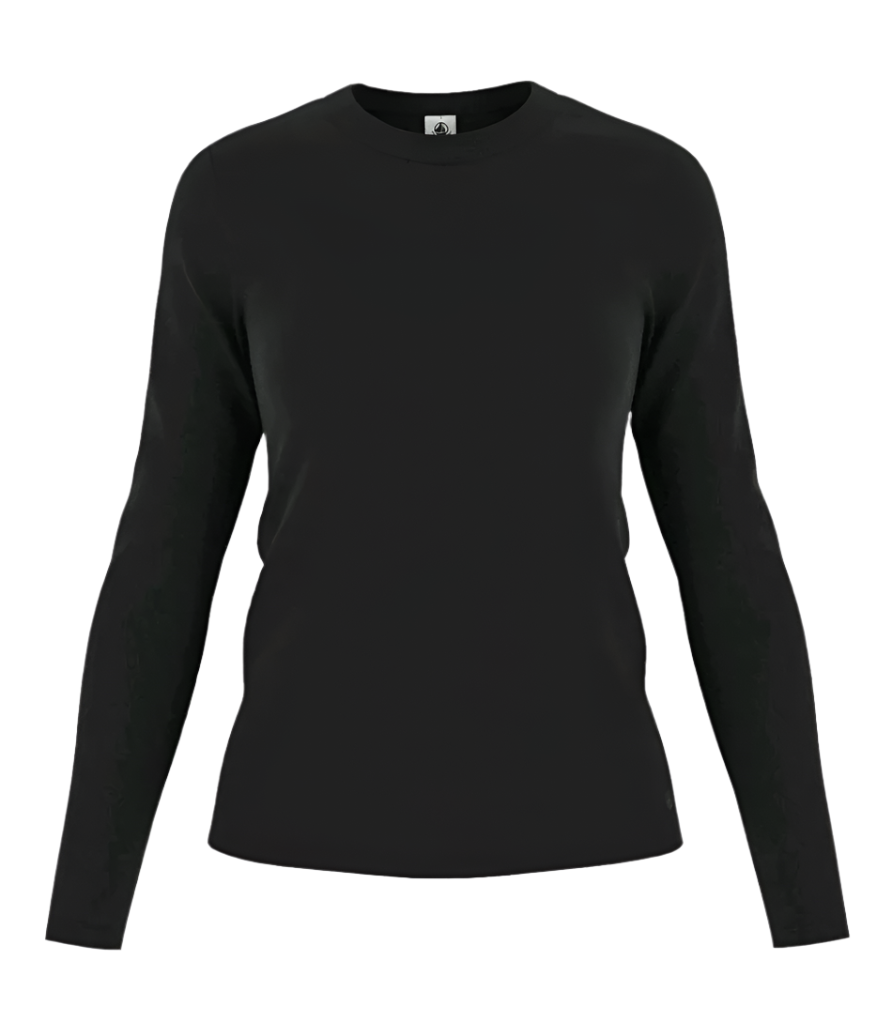 Women’s long-sleeve crew neck tee in black, fitted silhouette