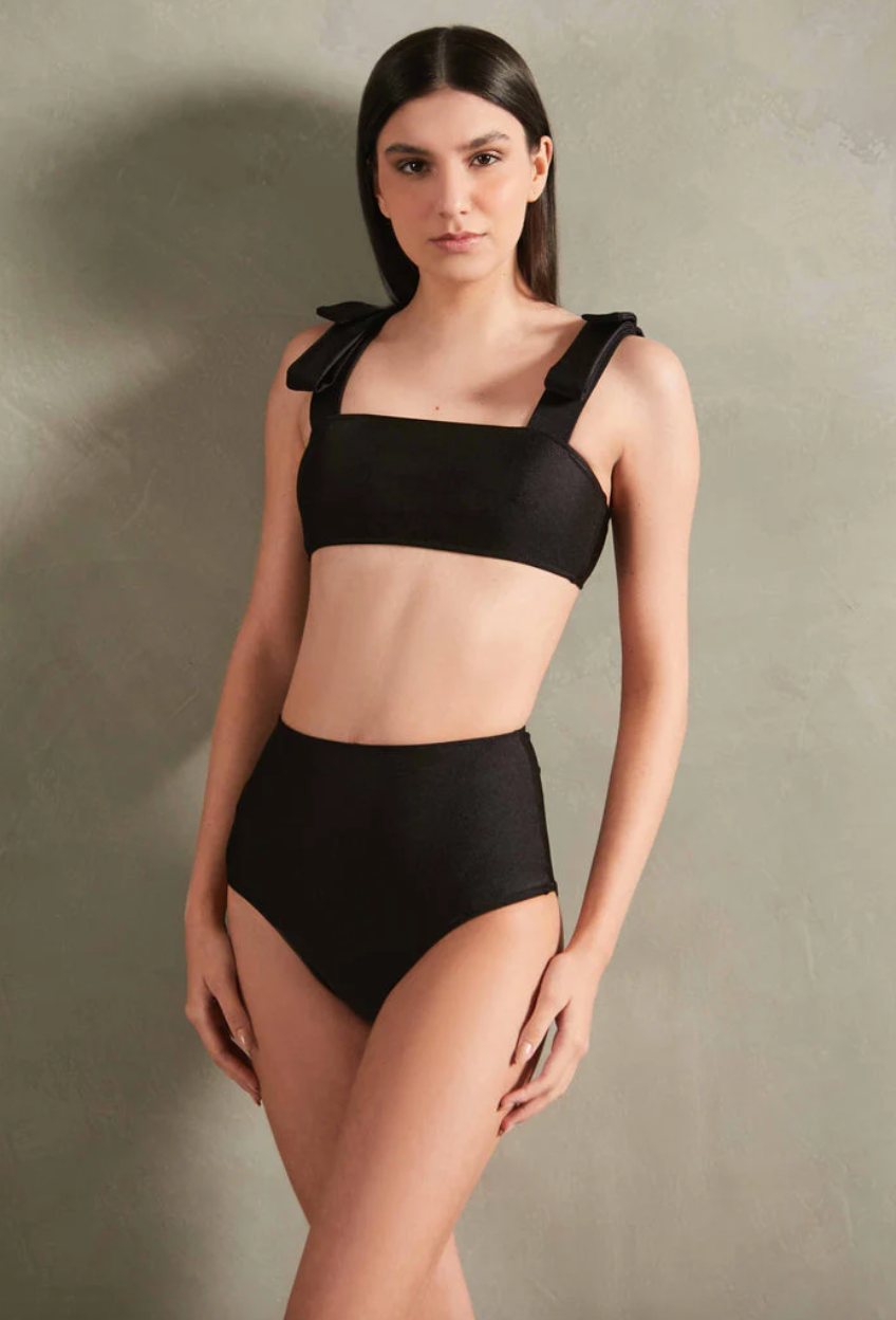 Black high-waisted bikini set with straight square top and high-waist briefs