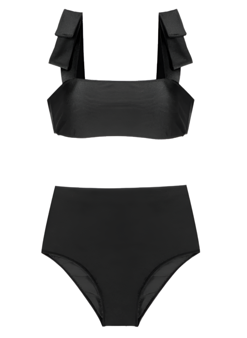 Black high-waisted bikini set with square neckline and fabric shoulder straps
