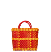 Small woven tote bag in red and orange with red top handle