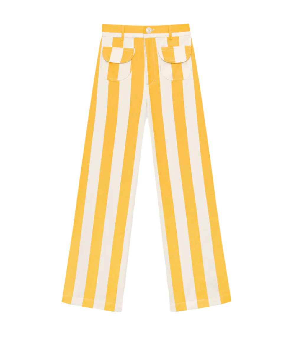 Yellow and white striped wide-leg pants with side flap pockets