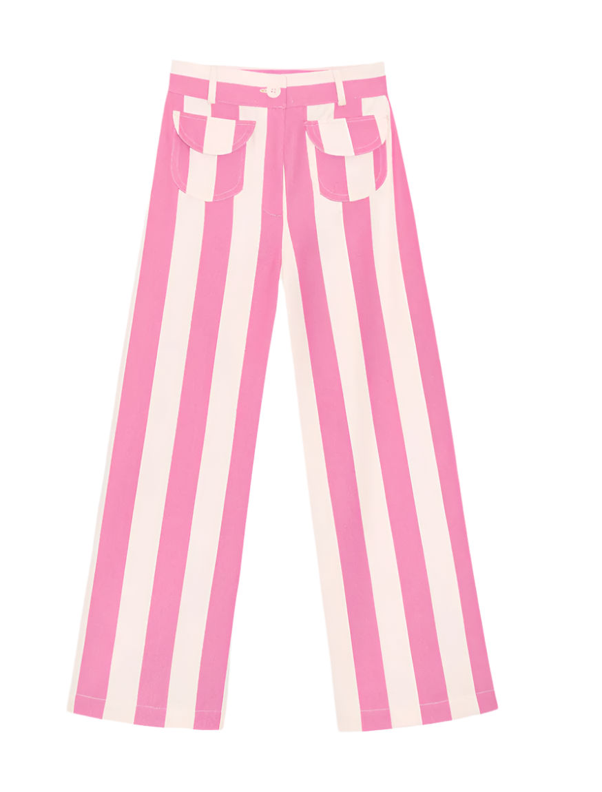 Pink and white striped wide-leg parasol pants with buttoned elastic waist and pockets