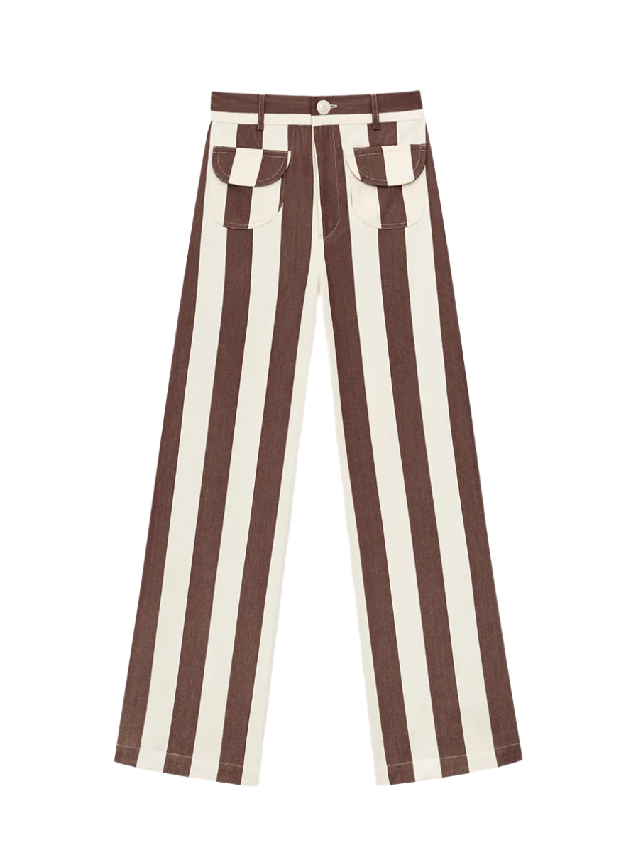 Parasol pants with brown-and-white vertical stripes, button waistband, patch pockets
