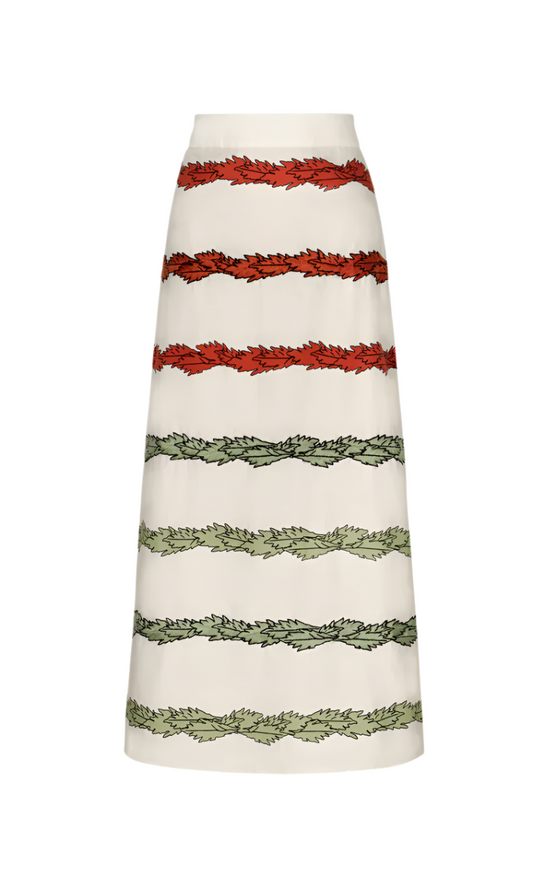 El Carmen Embroidered Cotton Midi Skirt / Ivory Striped Helechos