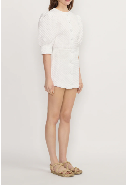 Textured mini dress, cream, puff sleeves, front button placket