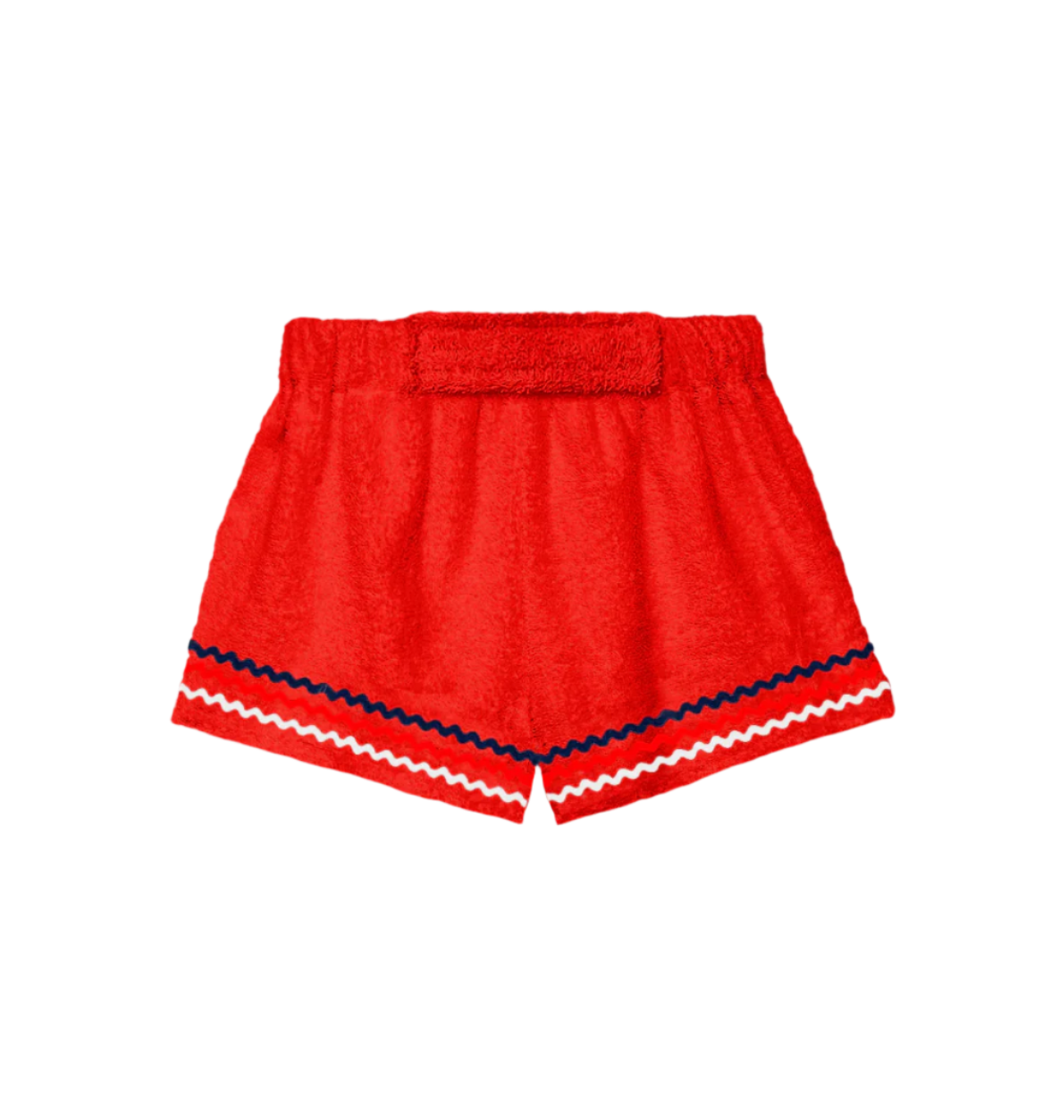 Red shorts with elastic waistband and blue-and-white hem trim