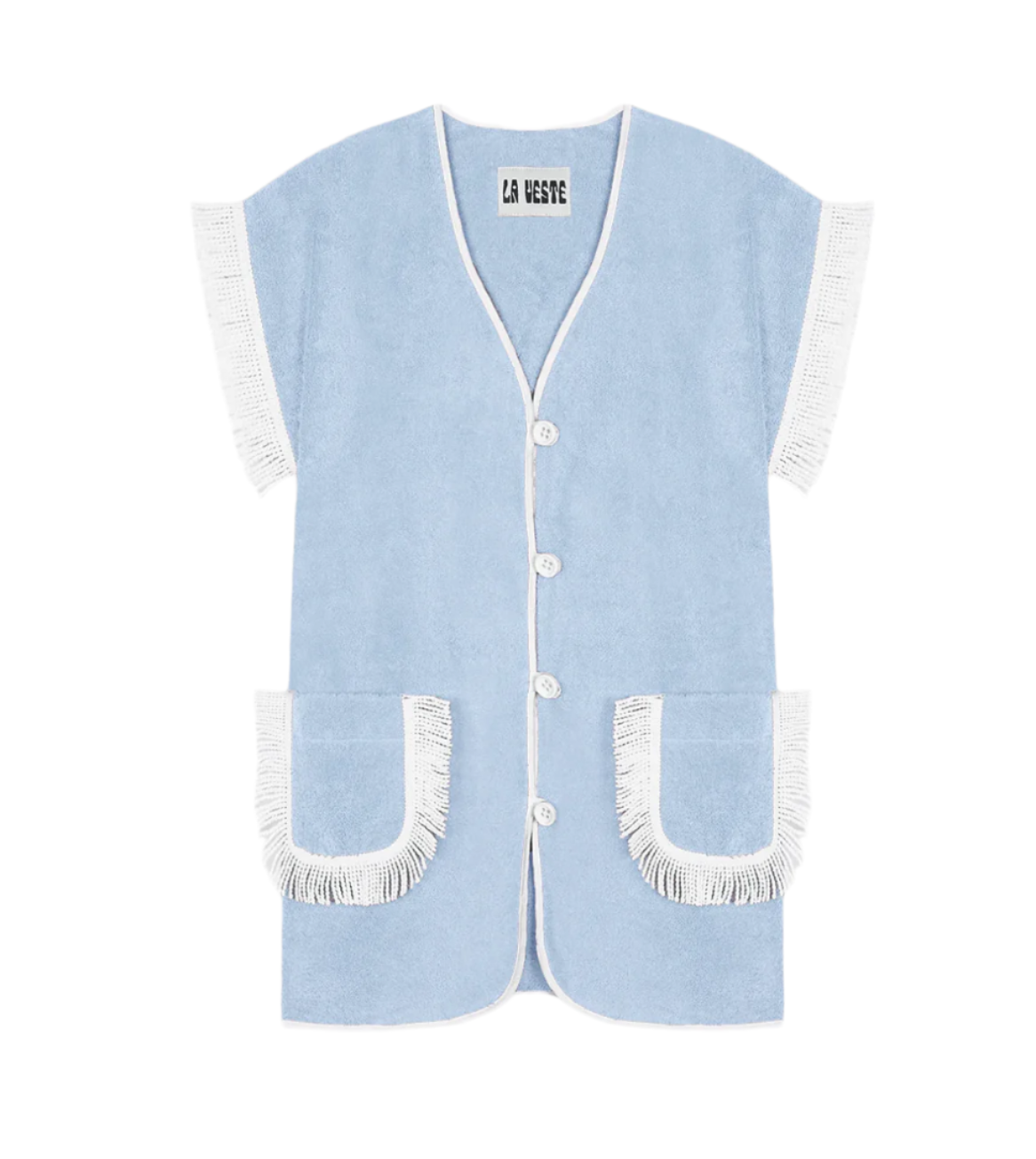 Light blue towel dress with V-neck, button front, and fringe side pockets and sleeves.