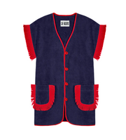 Navy towel dress with red V-neck trim, button-front, short sleeves and fringe pocket details.