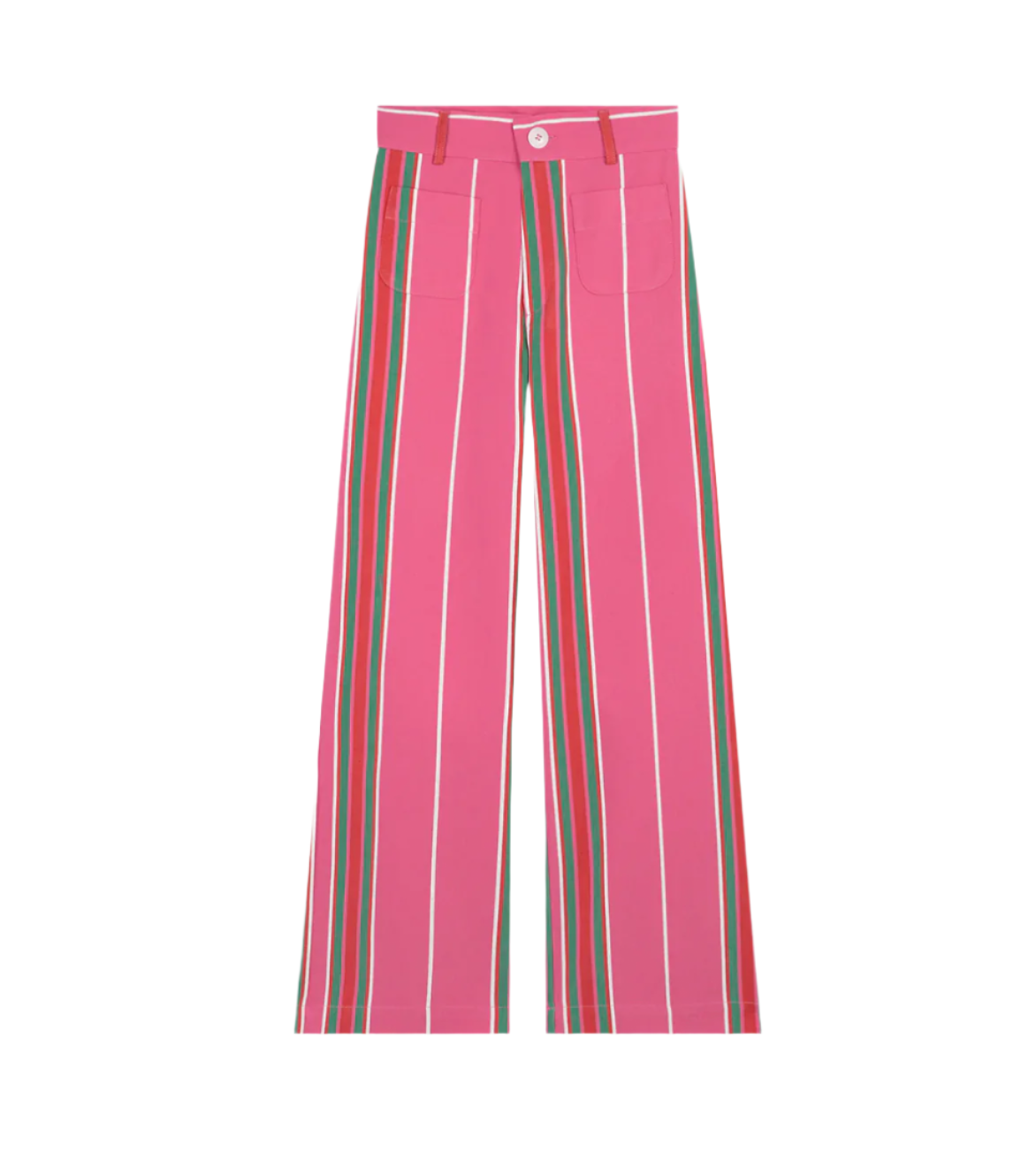 Fuchsia pink vertical striped pants with belt loops and button closure