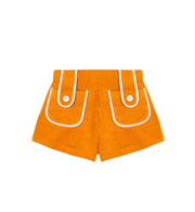 Orange towel shorts with white trim U-shaped pockets and button details