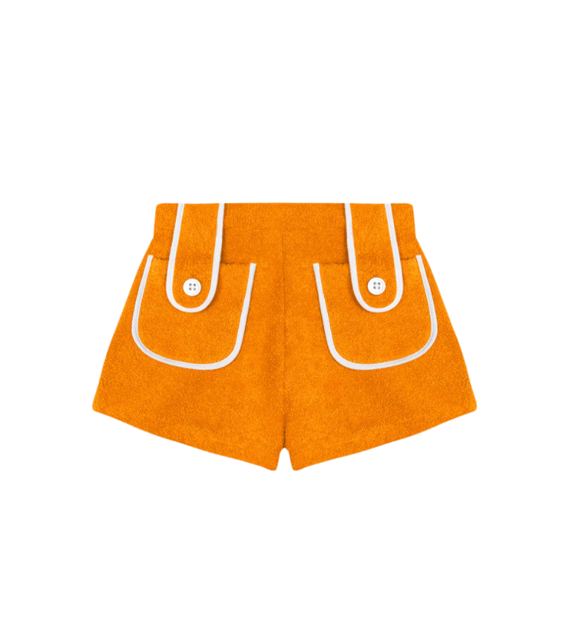 Orange towel shorts with white trim U-shaped pockets and button details