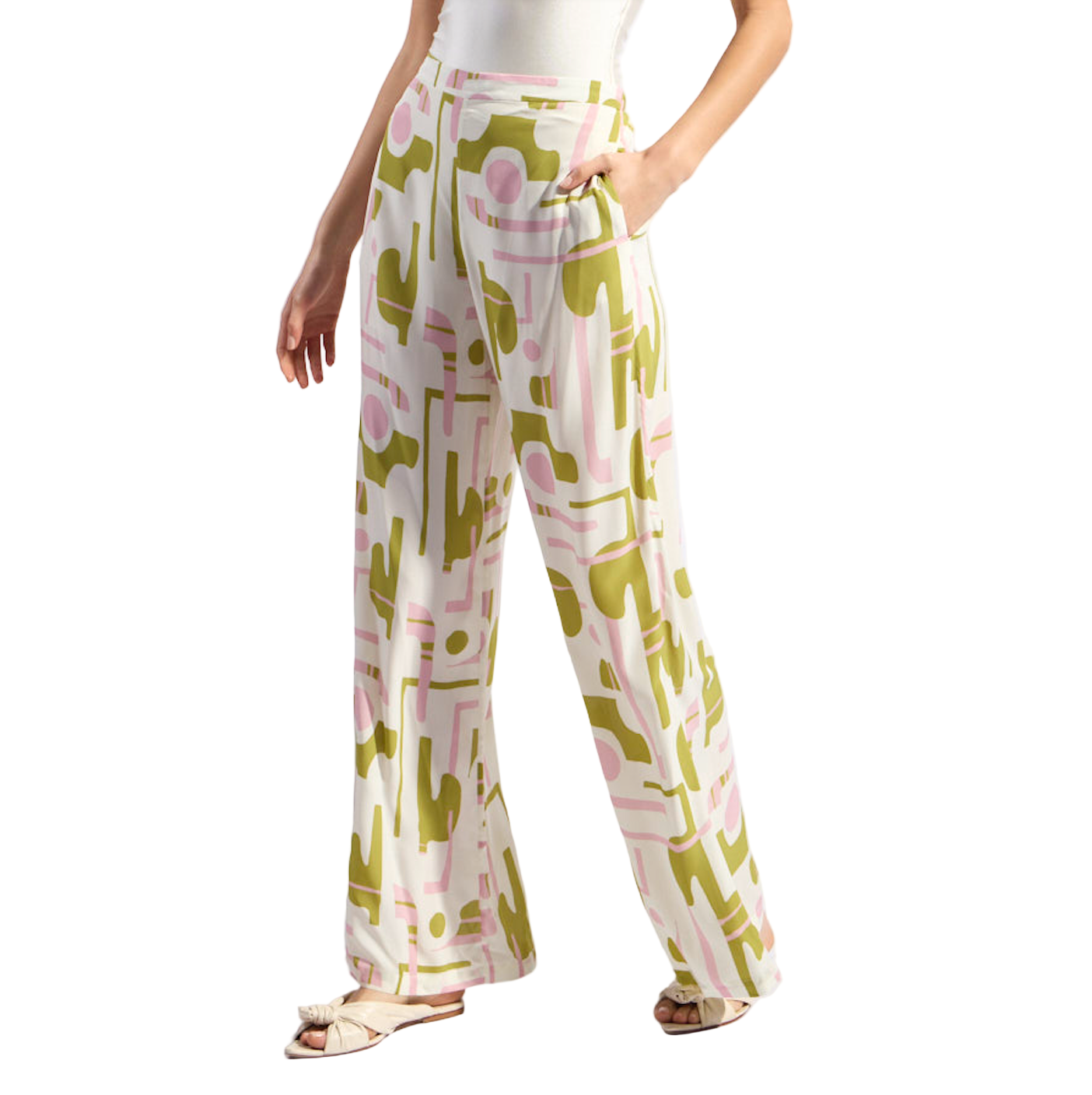 Womens wide-leg pants with elastic waistband and multicolor abstract print, full length.