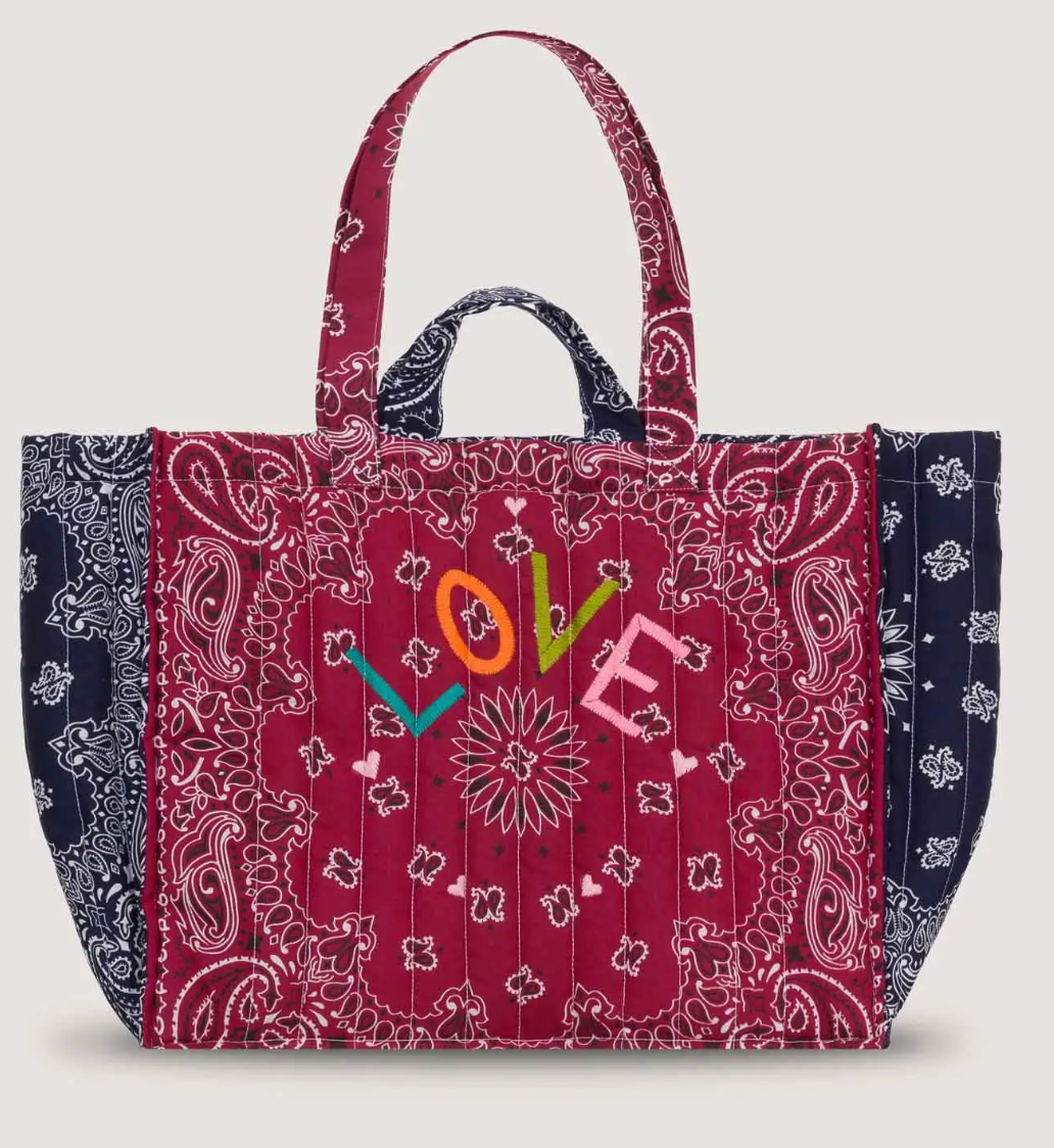 Burgundy quilted cabas tote with navy handles and LOVE patch front