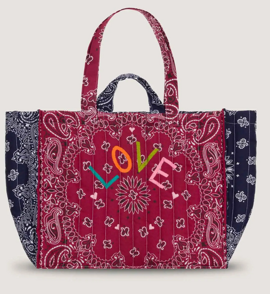 Burgundy quilted cabas tote with navy handles and LOVE patch front