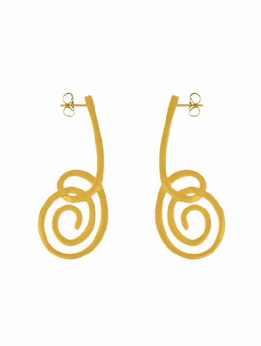 Gold spiral earrings on a white background