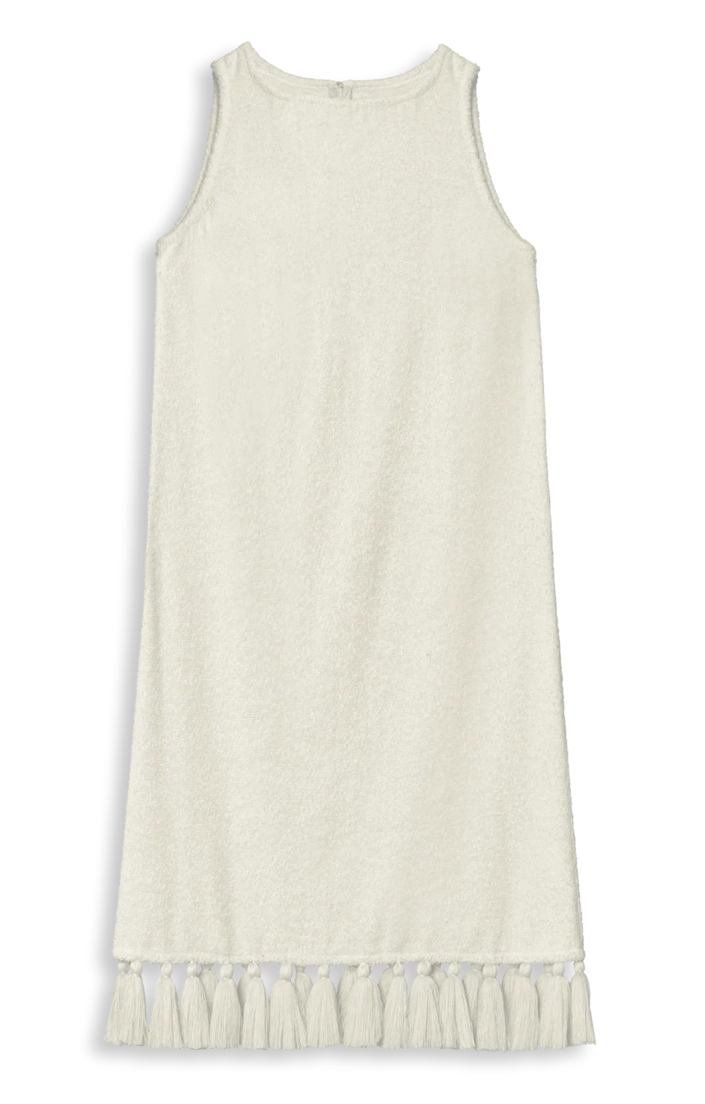 White short dress with wide straps and tassel fringe hem, sleeveless
