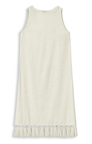 White short dress with wide straps and tassel fringe hem, sleeveless