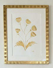 Framed botanical art print with gold acorn-like flowers on white background