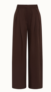 Chocolate high-rise wide-leg pants with pleats and waistband, front view