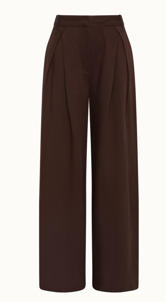Chocolate high-rise wide-leg pants with pleats and waistband, front view