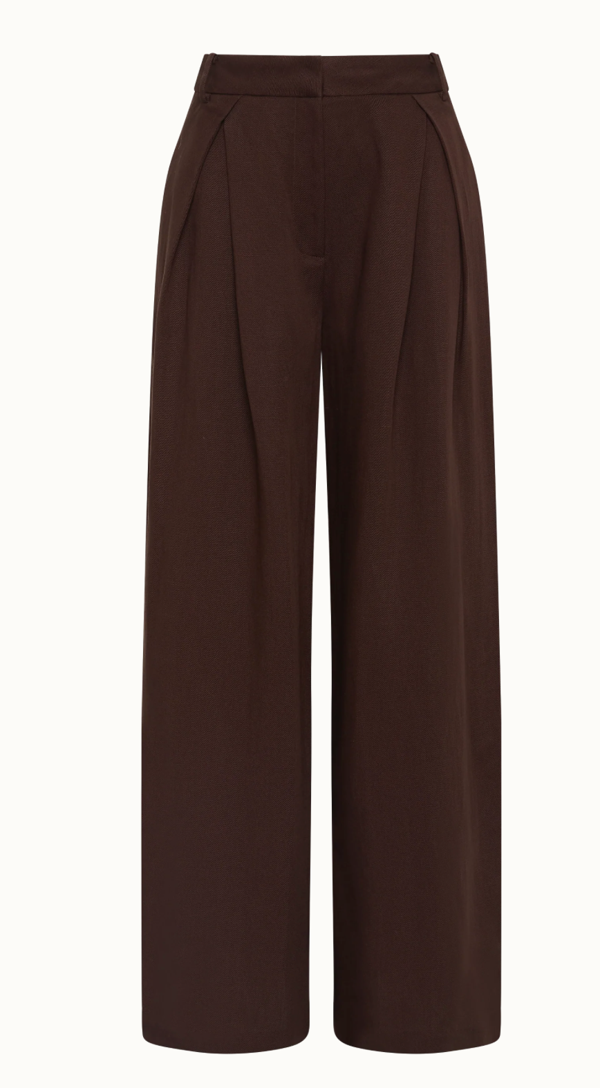 Chocolate high-rise wide-leg pants with pleats and waistband, front view